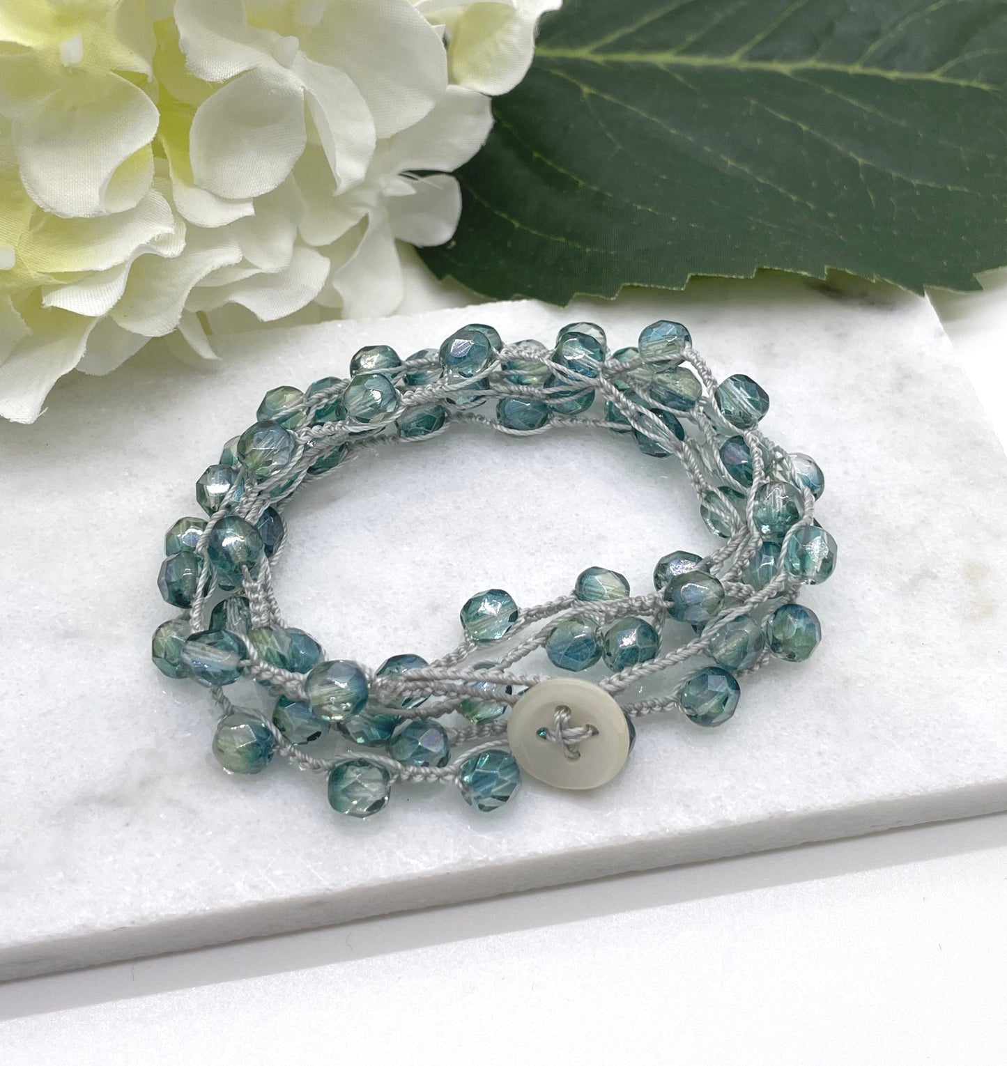 Crocheted Necklace or Bracelet with a Light Grey Cord and Green Teal, Firepolished, Czech Glass Beads SN-592