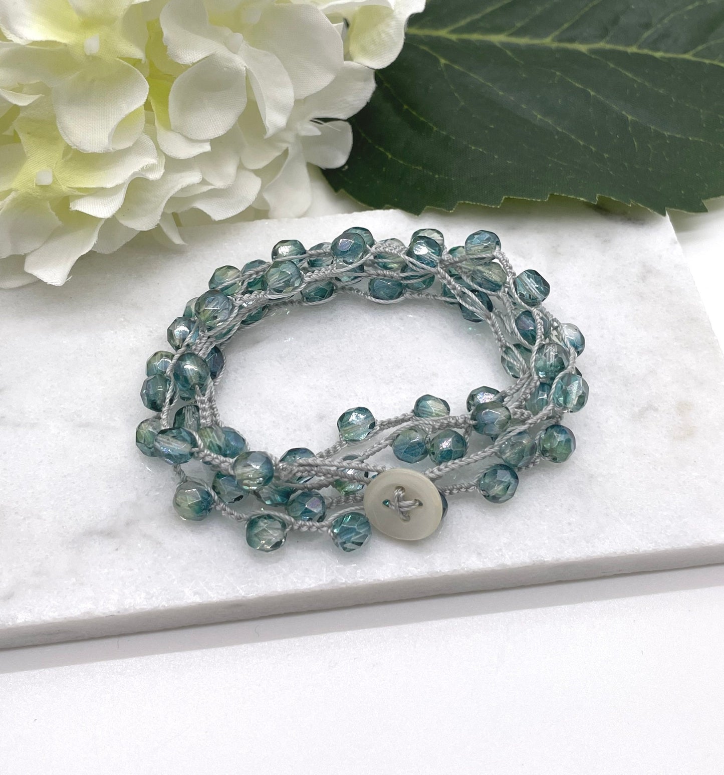 Crocheted Necklace or Bracelet with a Light Grey Cord and Green Teal, Firepolished, Czech Glass Beads SN-592