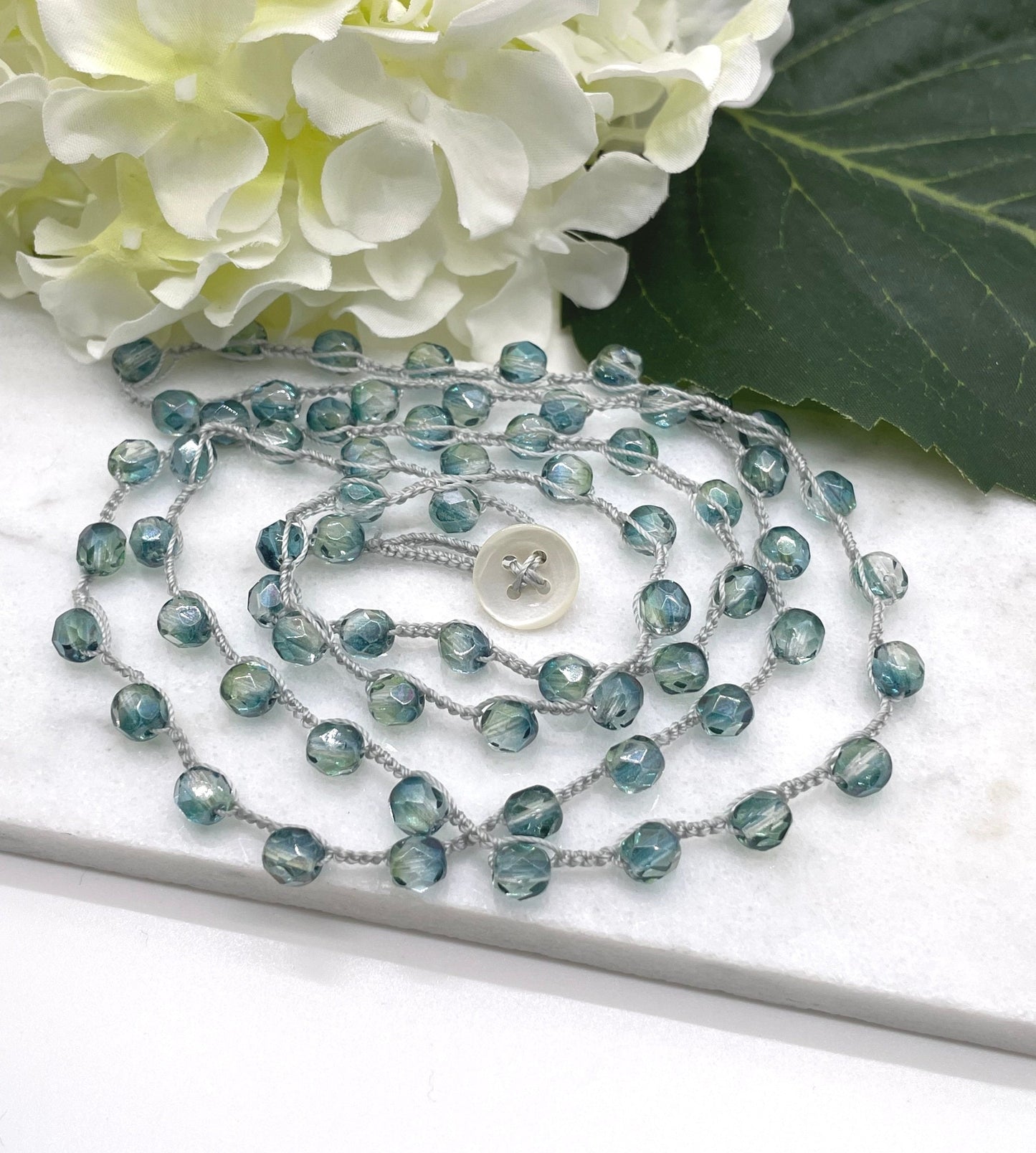 Crocheted Necklace or Bracelet with a Light Grey Cord and Green Teal, Firepolished, Czech Glass Beads SN-592