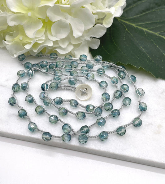 Crocheted Necklace or Bracelet with a Light Grey Cord and Green Teal, Firepolished, Czech Glass Beads SN-592