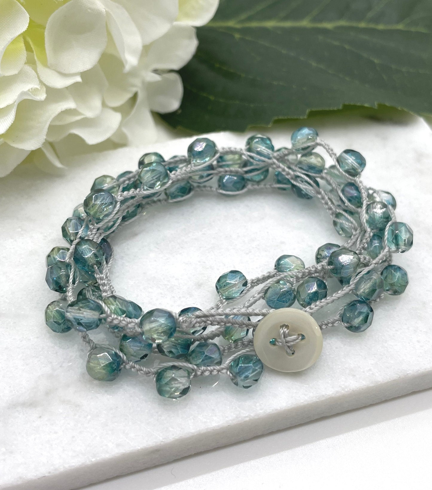 Crocheted Necklace or Bracelet with a Light Grey Cord and Green Teal, Firepolished, Czech Glass Beads SN-592