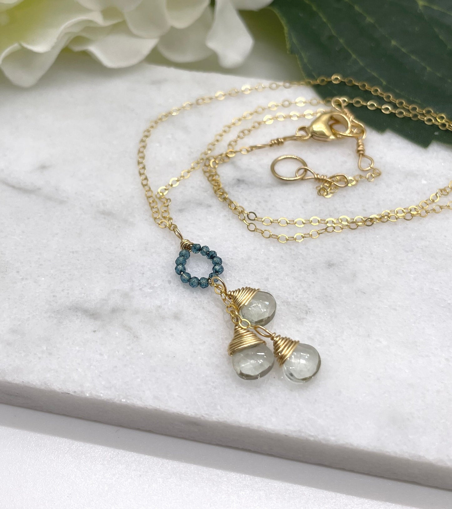 Necklace with a Circle of Blue Mystic Quartz and a Cascade of Green Amethyst Teardrops on a Gold Filled Chain GCDN-134