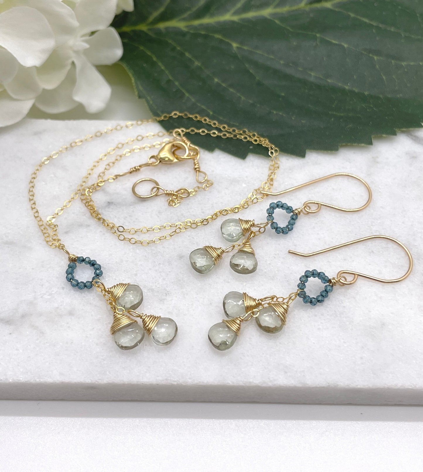 Necklace with a Circle of Blue Mystic Quartz and a Cascade of Green Amethyst Teardrops on a Gold Filled Chain GCDN-134
