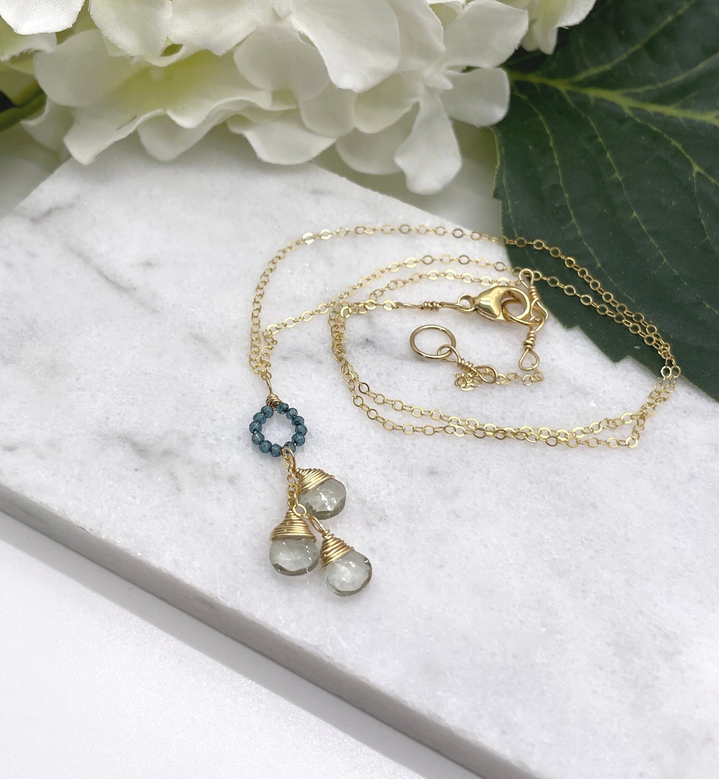Necklace with a Circle of Blue Mystic Quartz and a Cascade of Green Amethyst Teardrops on a Gold Filled Chain GCDN-134