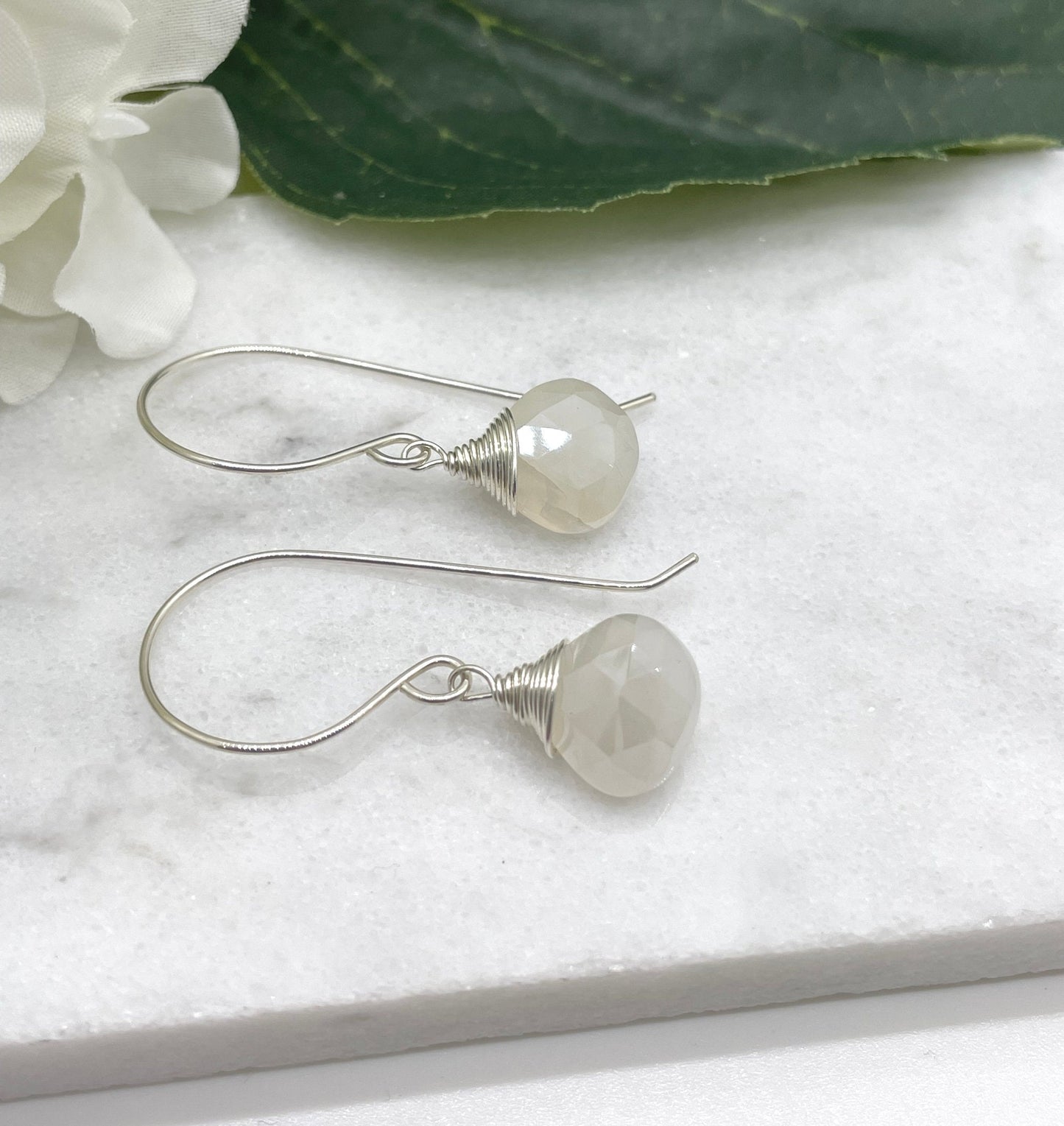 Earrings with Wire Wrapped Pearl Chalcedony Teardrops on Sterling Silver Earring Wires HE-514