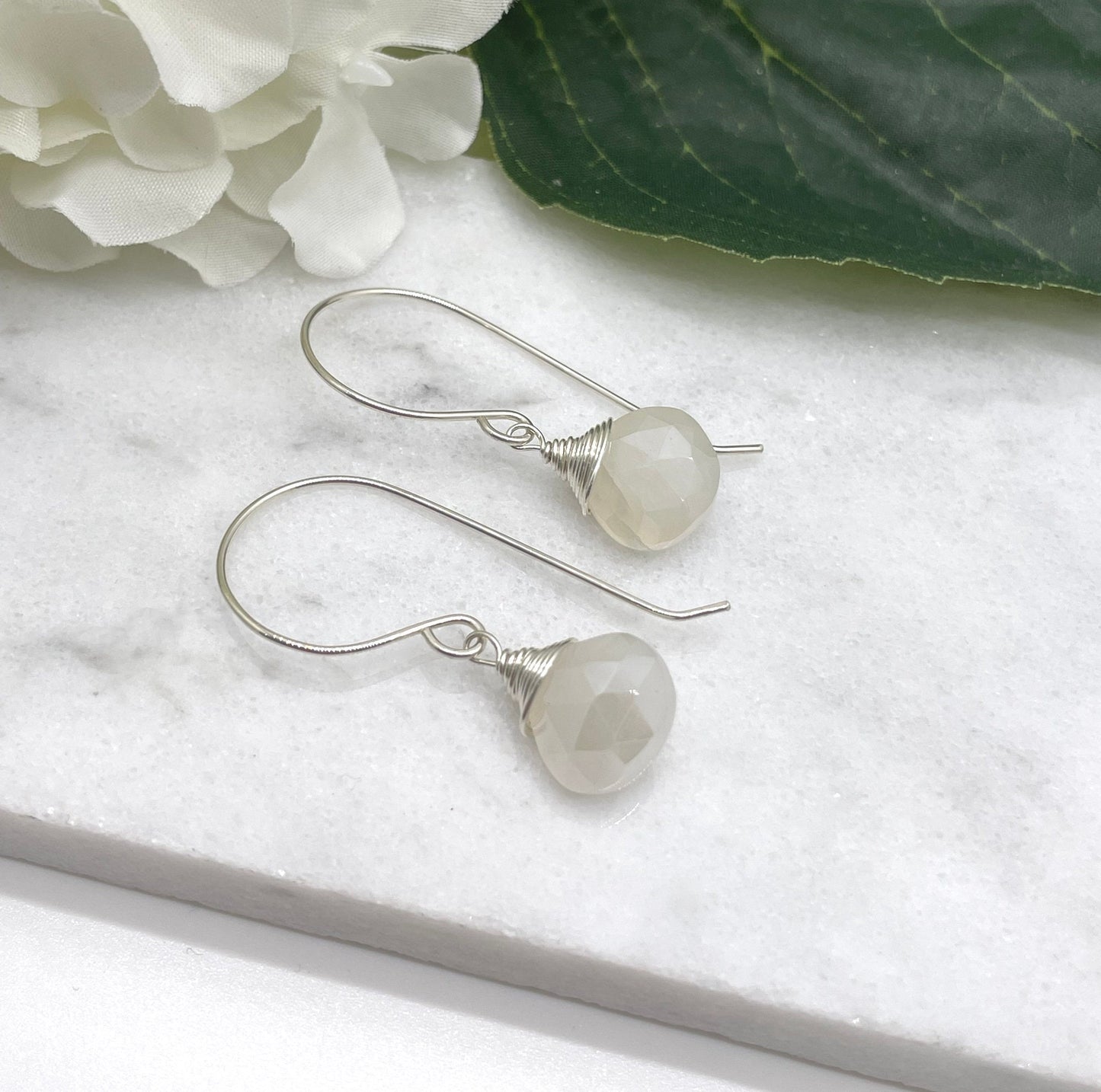 Earrings with Wire Wrapped Pearl Chalcedony Teardrops on Sterling Silver Earring Wires HE-514