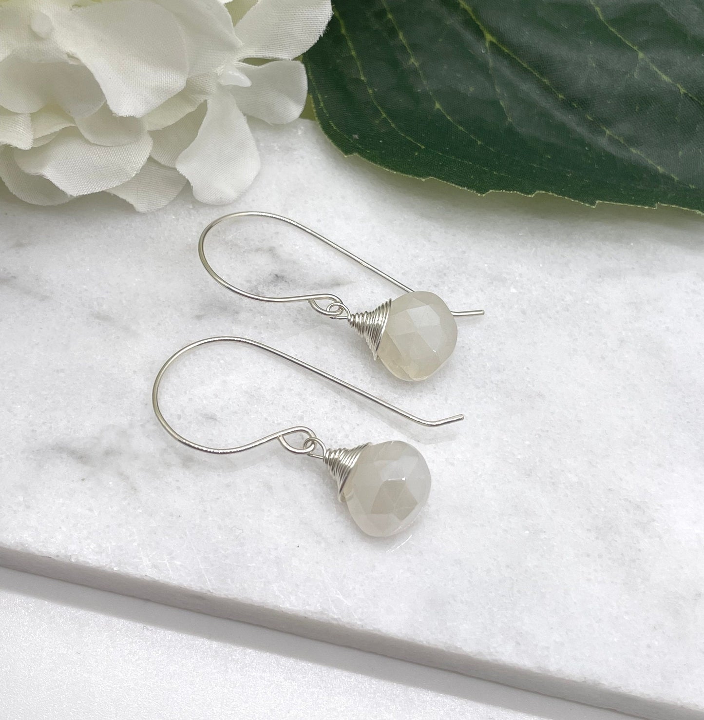 Earrings with Wire Wrapped Pearl Chalcedony Teardrops on Sterling Silver Earring Wires HE-514