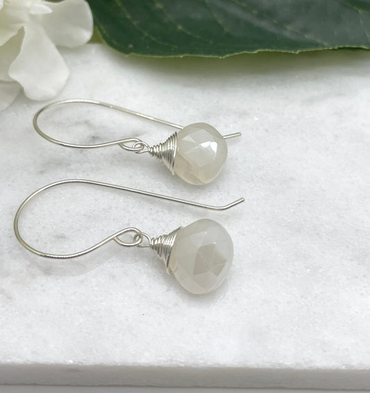 Earrings with Wire Wrapped Pearl Chalcedony Teardrops on Sterling Silver Earring Wires HE-514