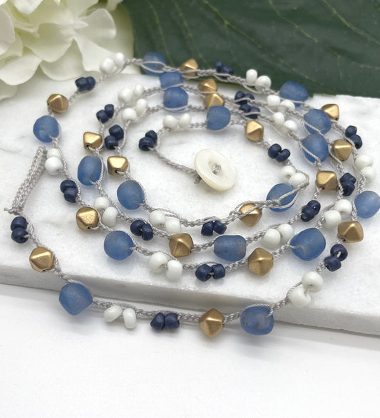 Crocheted Necklace 34 Inches with a Light Gray Cord, Recylced Blue Glass, Blue and White Seed Beads and Brass Diamond Beads SN-596