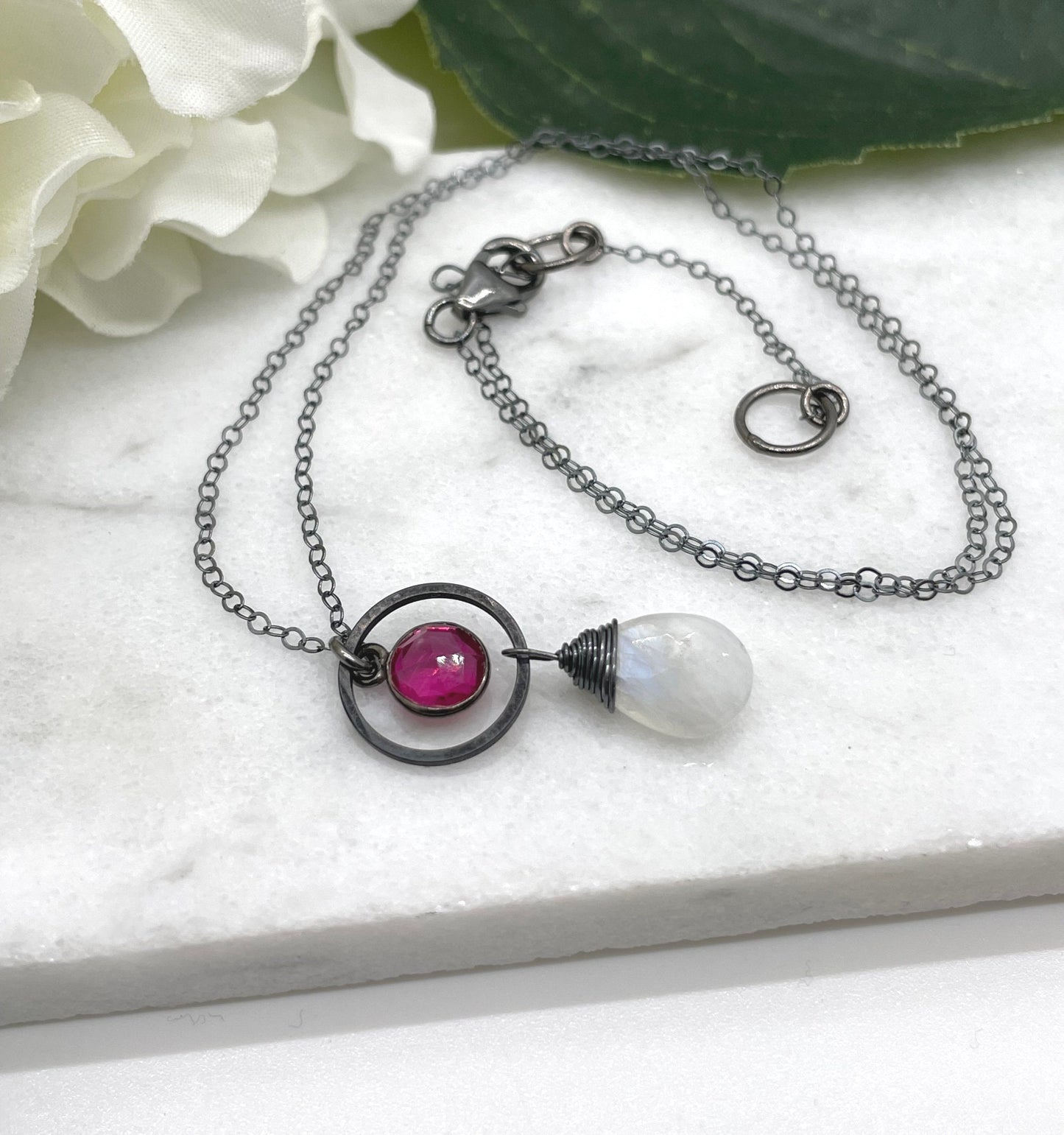 Necklace with an Oxidized Brass Loop, Bezel Set Pink Quartz and Wire Wrapped Moonstone on an Oxidized, Sterling Silver Cable Chain CDN-860