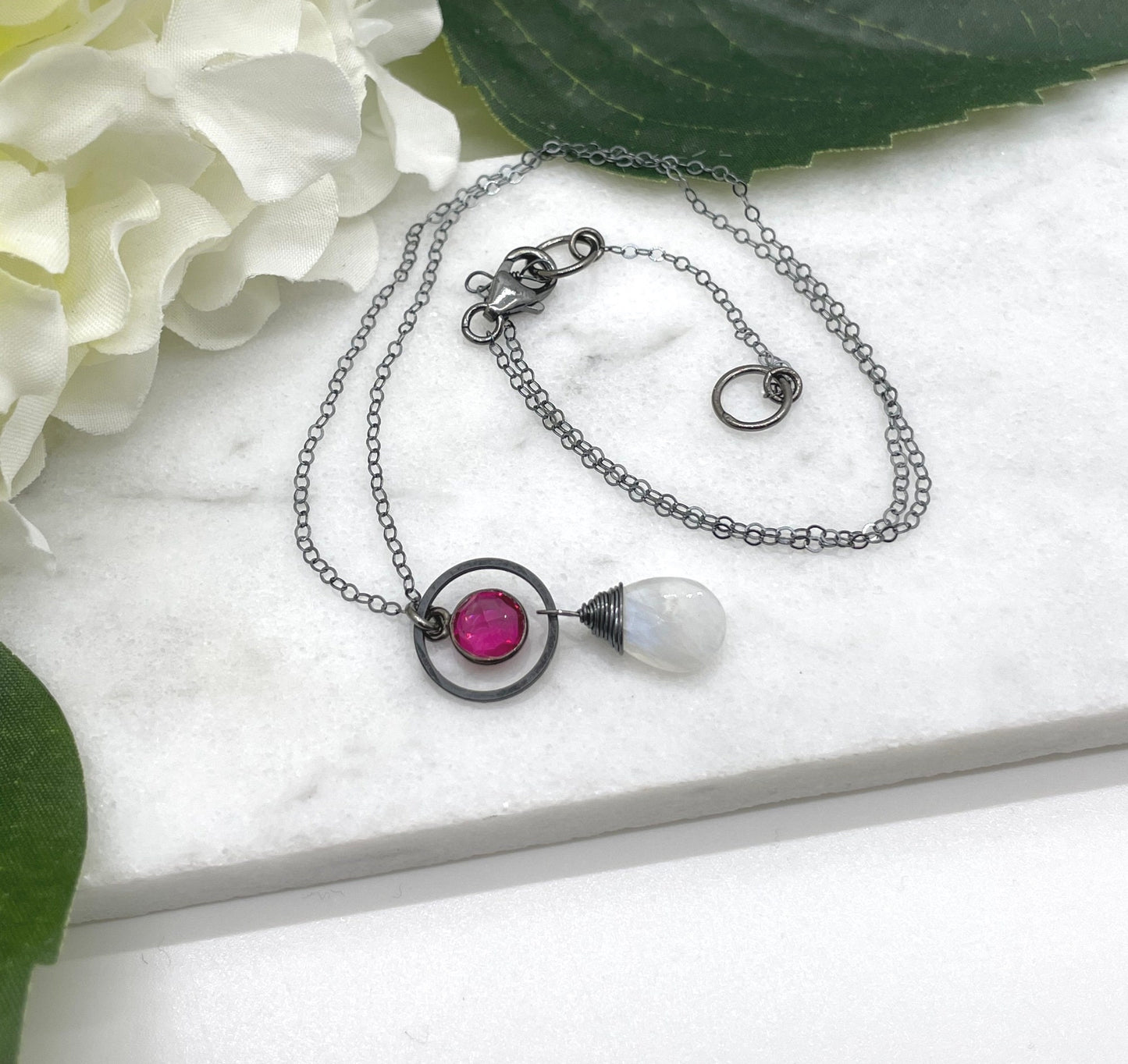 Necklace with an Oxidized Brass Loop, Bezel Set Pink Quartz and Wire Wrapped Moonstone on an Oxidized, Sterling Silver Cable Chain CDN-860