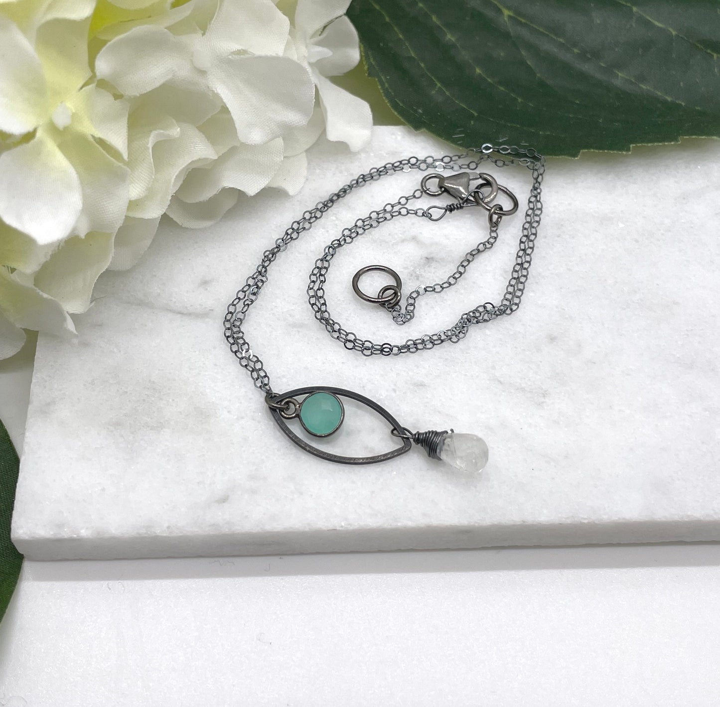 Necklace with an Oxidized Brass Loop, Bezel Set Chalcedony and Wire Wrapped Moonstone on an Oxidized, Sterling Silver Cable Chain CDN-862