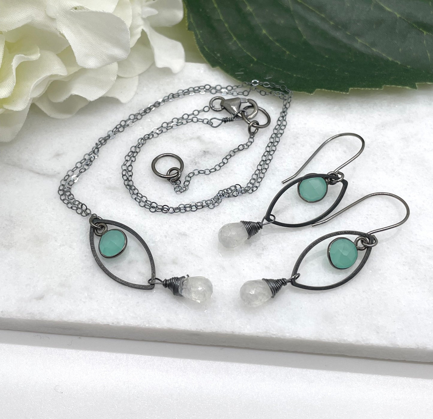 Necklace with an Oxidized Brass Loop, Bezel Set Chalcedony and Wire Wrapped Moonstone on an Oxidized, Sterling Silver Cable Chain CDN-862
