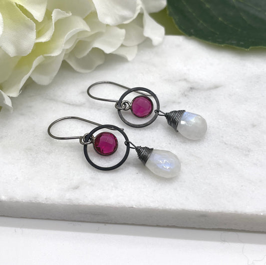 Earrings Made with Oxidized, Sterling Silver Wire, Oxidzied Brass Loops, Bezel Set Pink Quartz and Wrapped Moonstones CHE-446