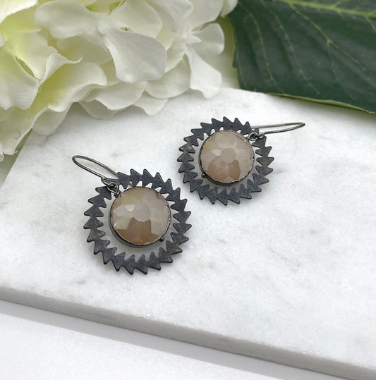 Earrings Made with Oxidized, Sterling Silver Wire, Oxidzied Brass Saw Blade Loops and Beige Crystal Beads SBRE-36