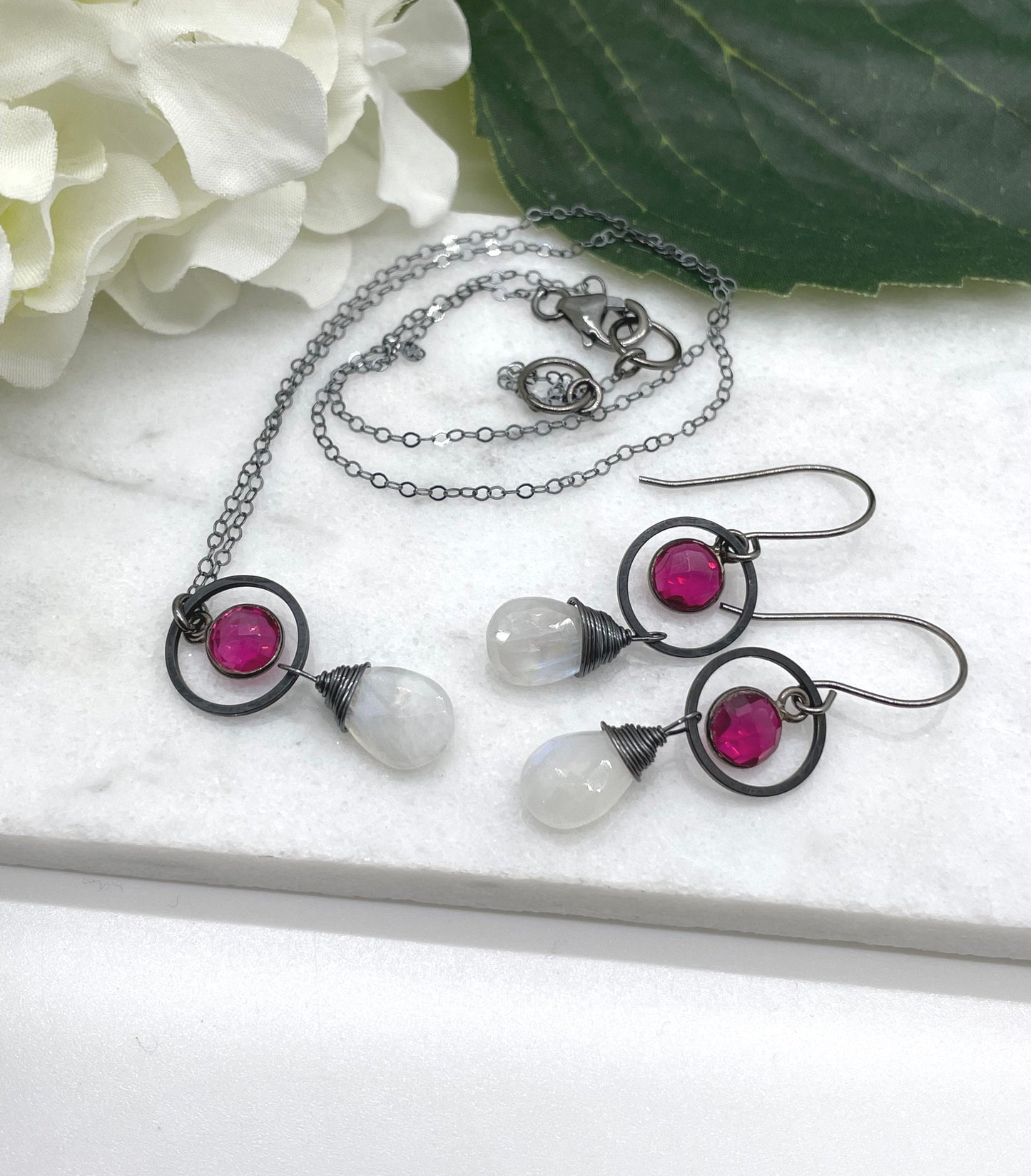 Necklace with an Oxidized Brass Loop, Bezel Set Pink Quartz and Wire Wrapped Moonstone on an Oxidized, Sterling Silver Cable Chain CDN-860