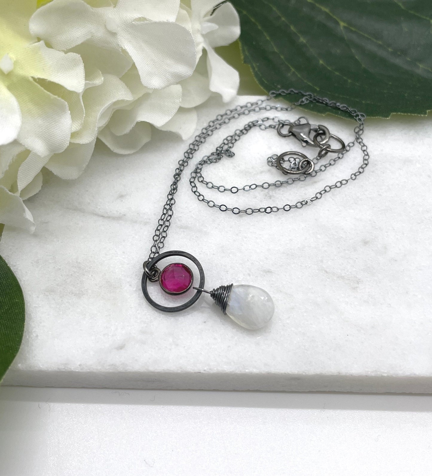 Necklace with an Oxidized Brass Loop, Bezel Set Pink Quartz and Wire Wrapped Moonstone on an Oxidized, Sterling Silver Cable Chain CDN-860