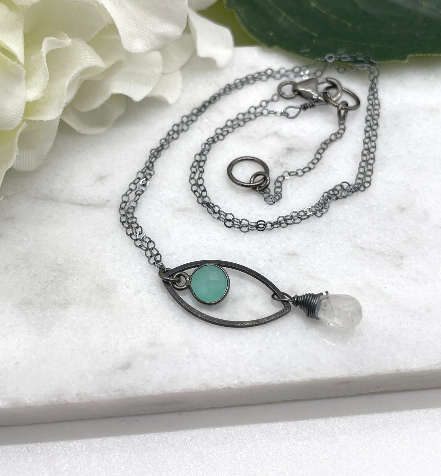 Necklace with an Oxidized Brass Loop, Bezel Set Chalcedony and Wire Wrapped Moonstone on an Oxidized, Sterling Silver Cable Chain CDN-862