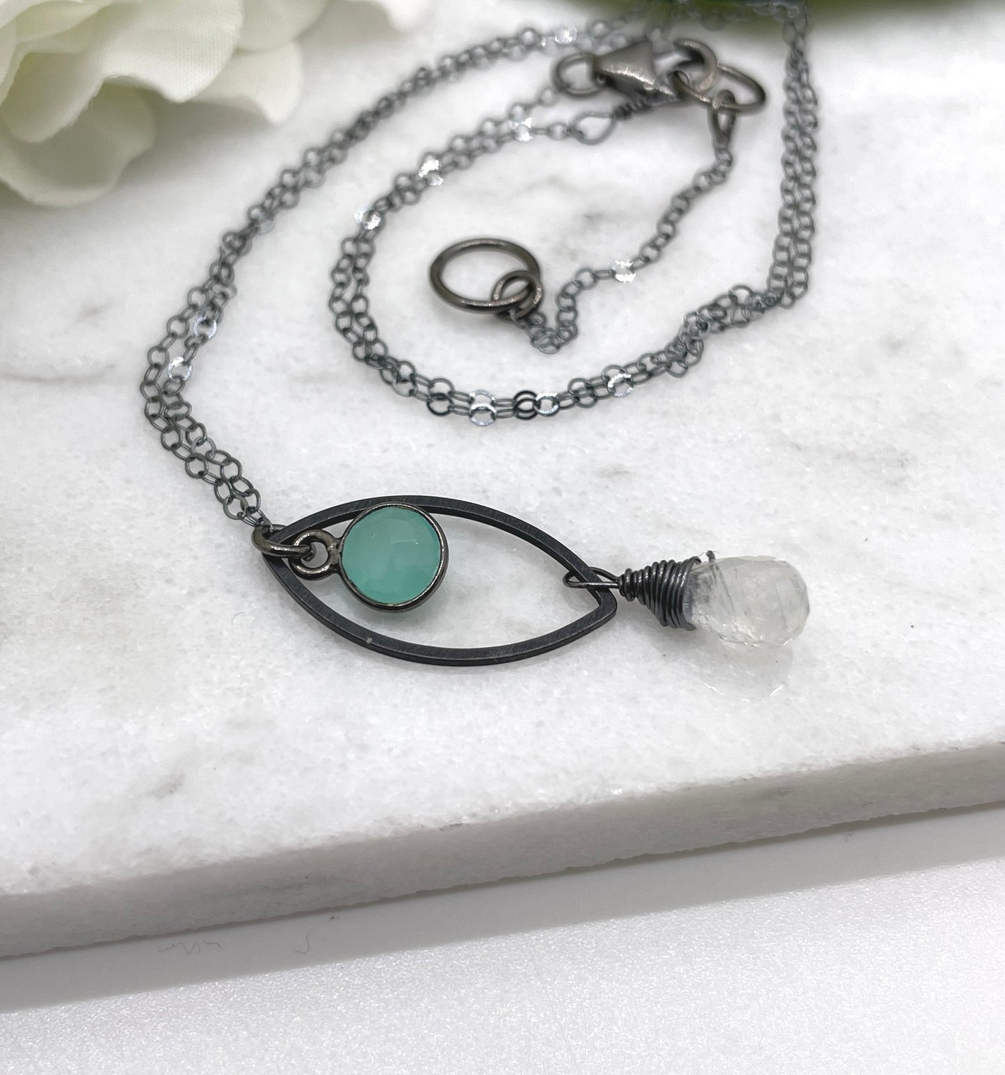 Necklace with an Oxidized Brass Loop, Bezel Set Chalcedony and Wire Wrapped Moonstone on an Oxidized, Sterling Silver Cable Chain CDN-862