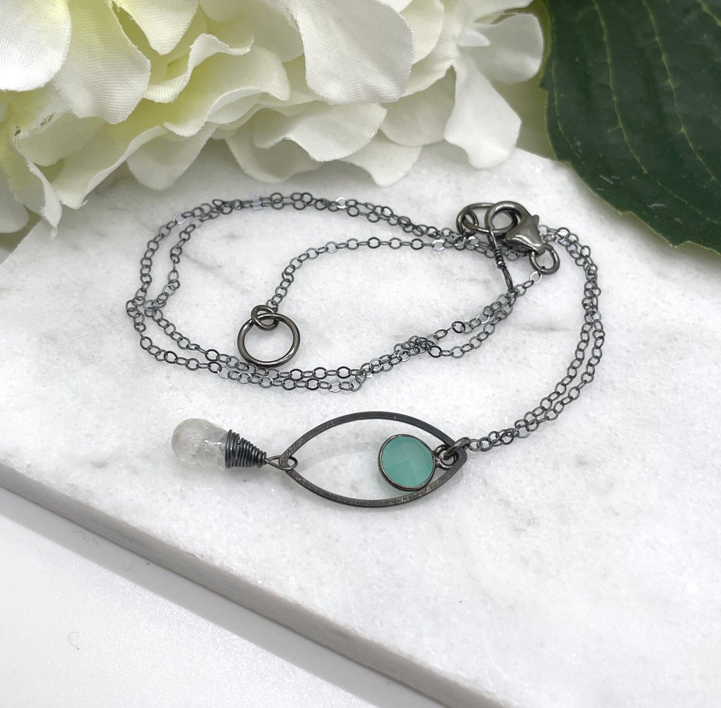 Necklace with an Oxidized Brass Loop, Bezel Set Chalcedony and Wire Wrapped Moonstone on an Oxidized, Sterling Silver Cable Chain CDN-862
