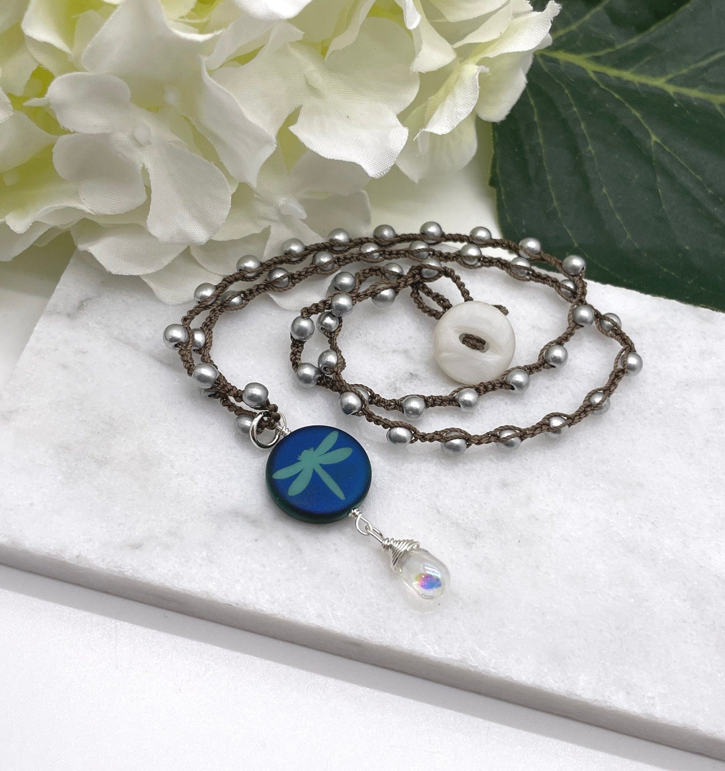 Crocheted Necklace with a Brown Cord, Silver Glass Beads and a Pendant with a Dragonfly Bead and Glass Teardrop SN-608
