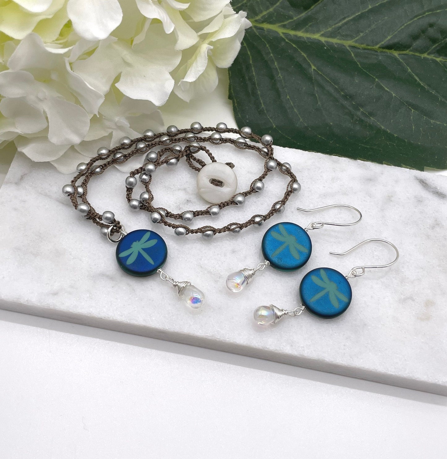 Crocheted Necklace with a Brown Cord, Silver Glass Beads and a Pendant with a Dragonfly Bead and Glass Teardrop SN-608