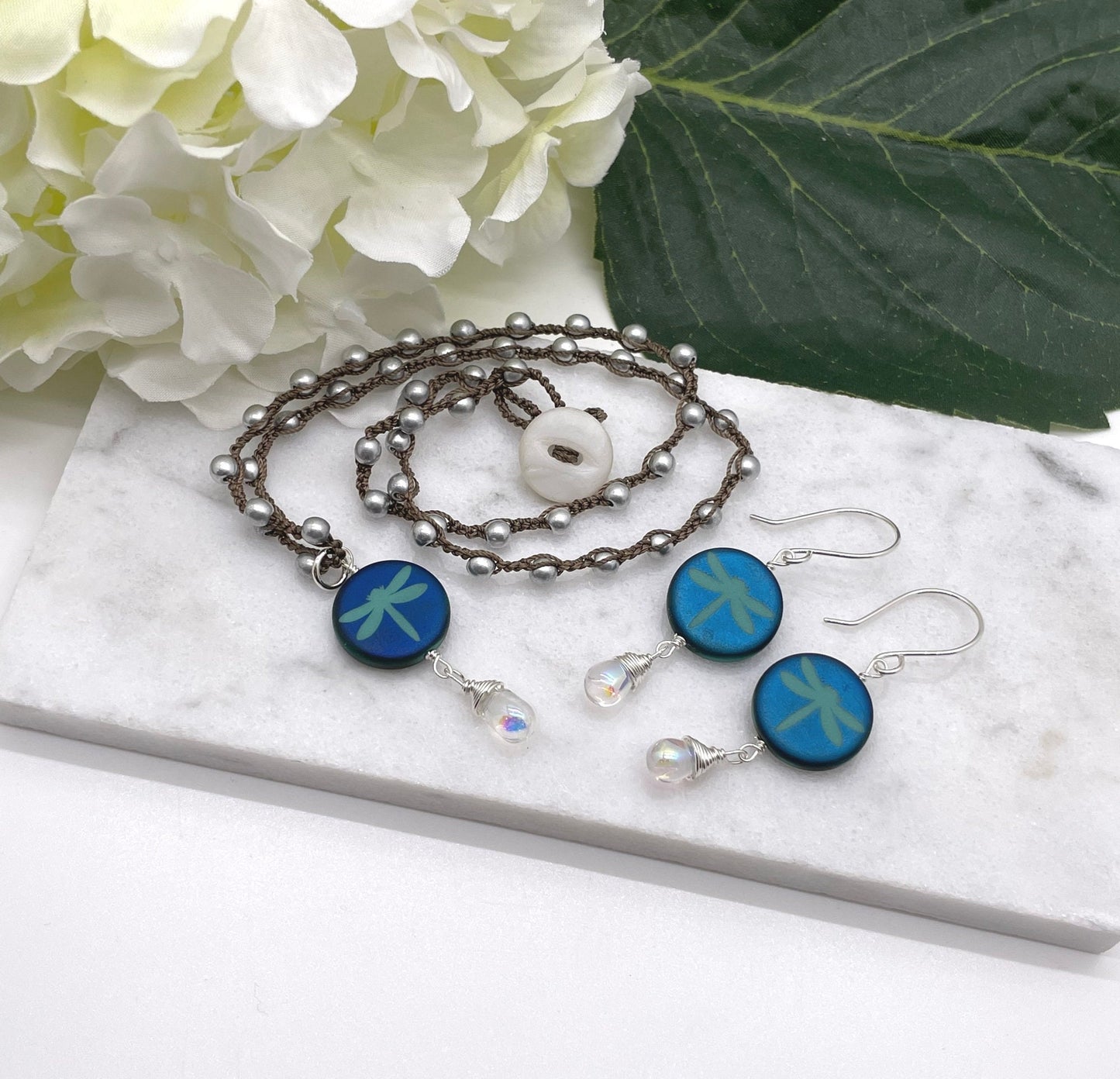 Crocheted Necklace with a Brown Cord, Silver Glass Beads and a Pendant with a Dragonfly Bead and Glass Teardrop SN-608