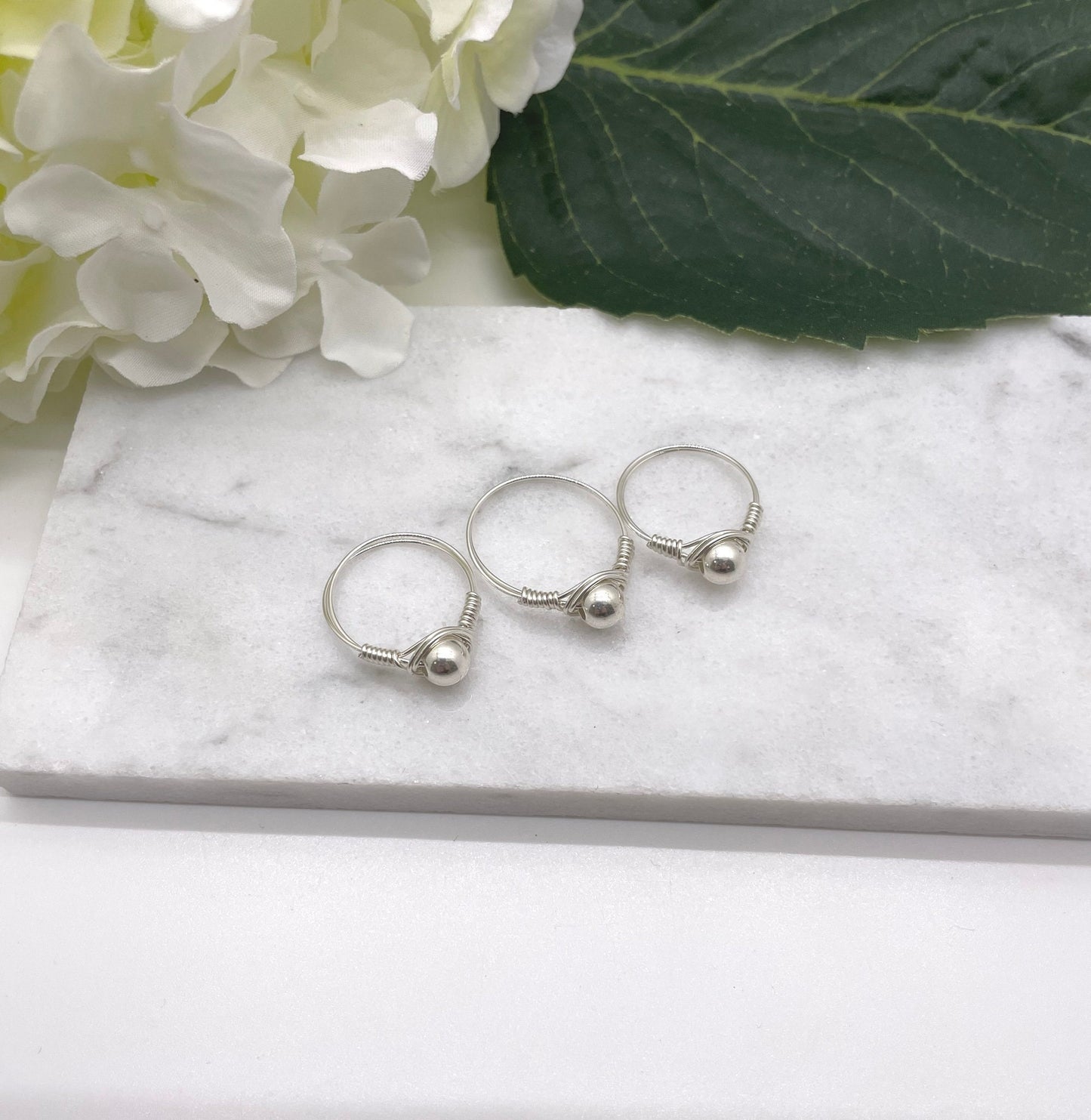 Sterling Silver Wire Wrapped Ring with a Single, 6mm Seamless Sterling Silver Bead SR-14