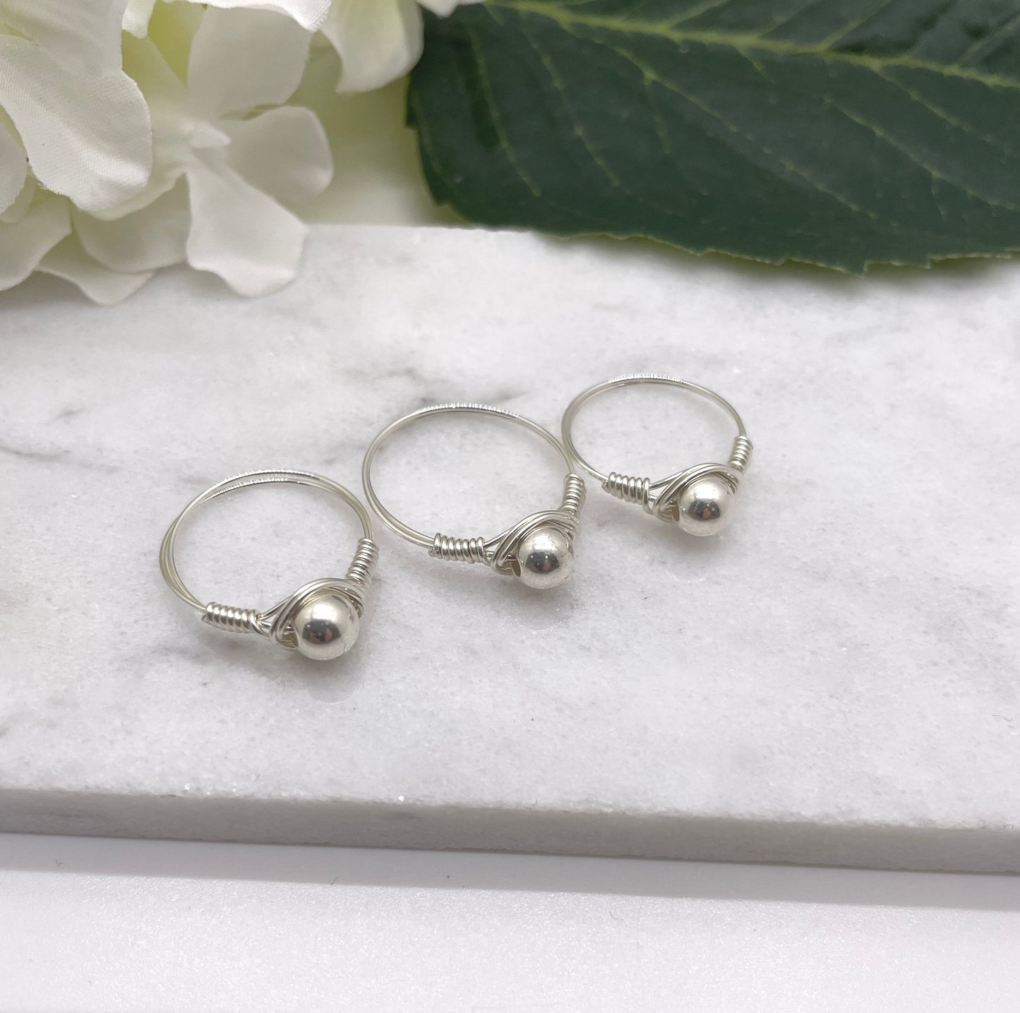 Sterling Silver Wire Wrapped Ring with a Single, 6mm Seamless Sterling Silver Bead SR-14