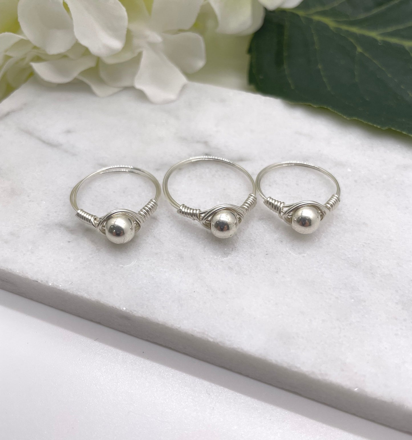 Sterling Silver Wire Wrapped Ring with a Single, 6mm Seamless Sterling Silver Bead SR-14