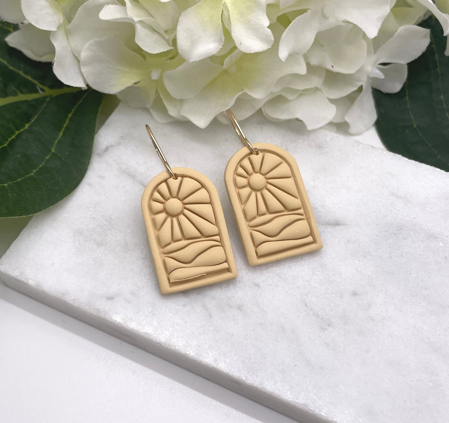 Earrings made with Sand Colored Polymer Clay Arches with a Beach Sunset Design and 14k Gold Filled Earring Wires PCE-556