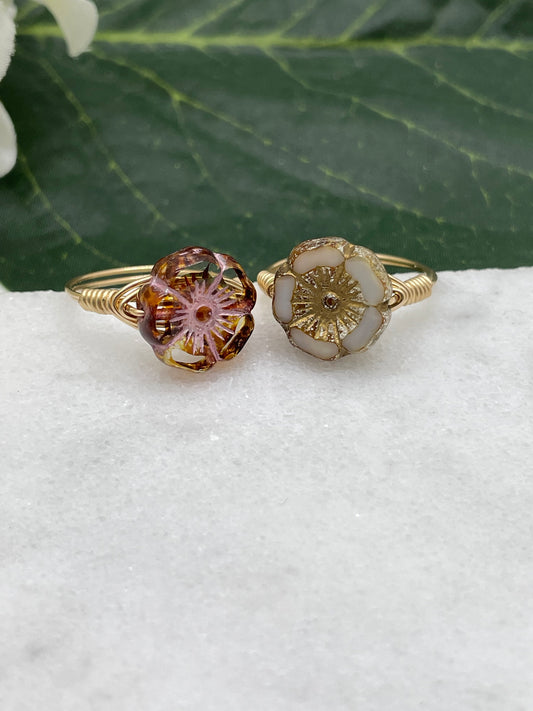 14k Gold Filled Wire Wrapped Ring with a Rose Colored or Cream Colored, Czech Glass Flower GR-16