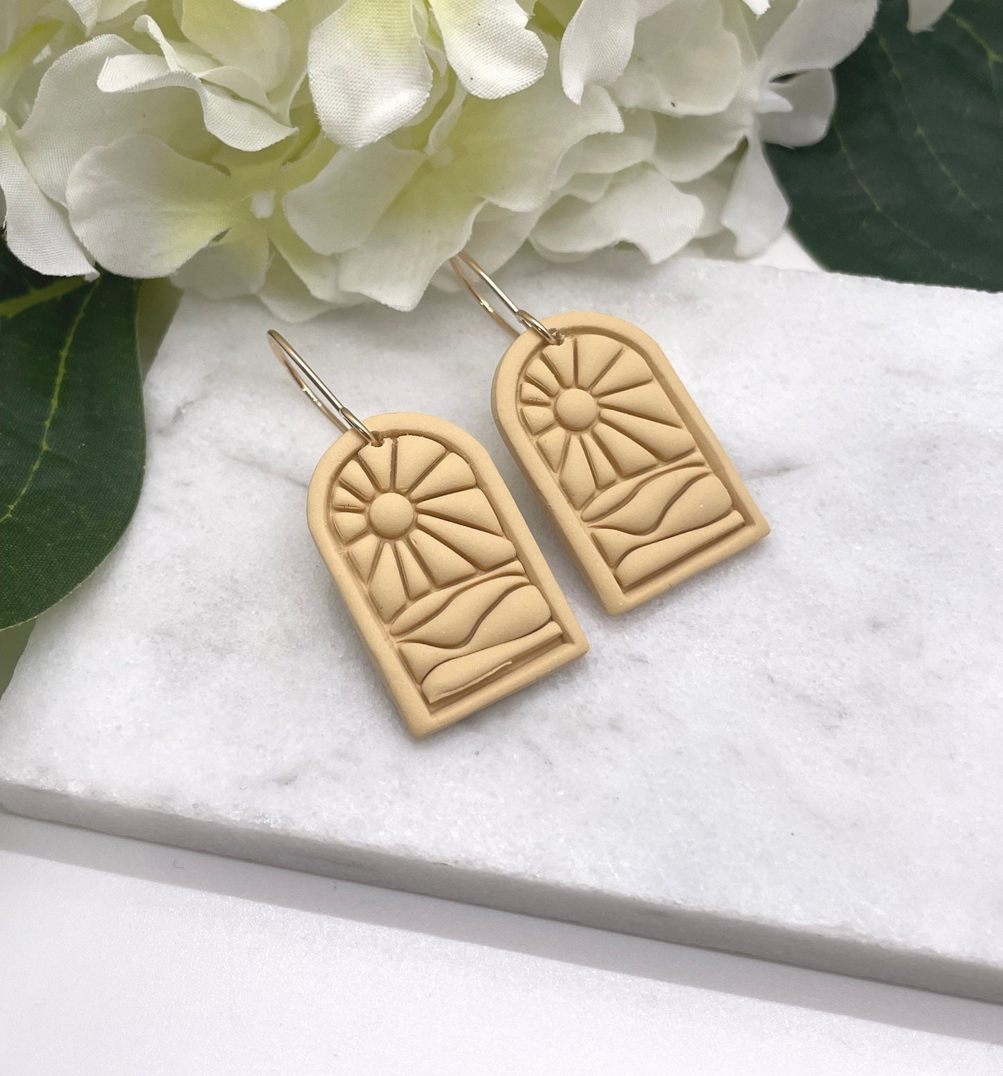 Earrings made with Sand Colored Polymer Clay Arches with a Beach Sunset Design and 14k Gold Filled Earring Wires PCE-556