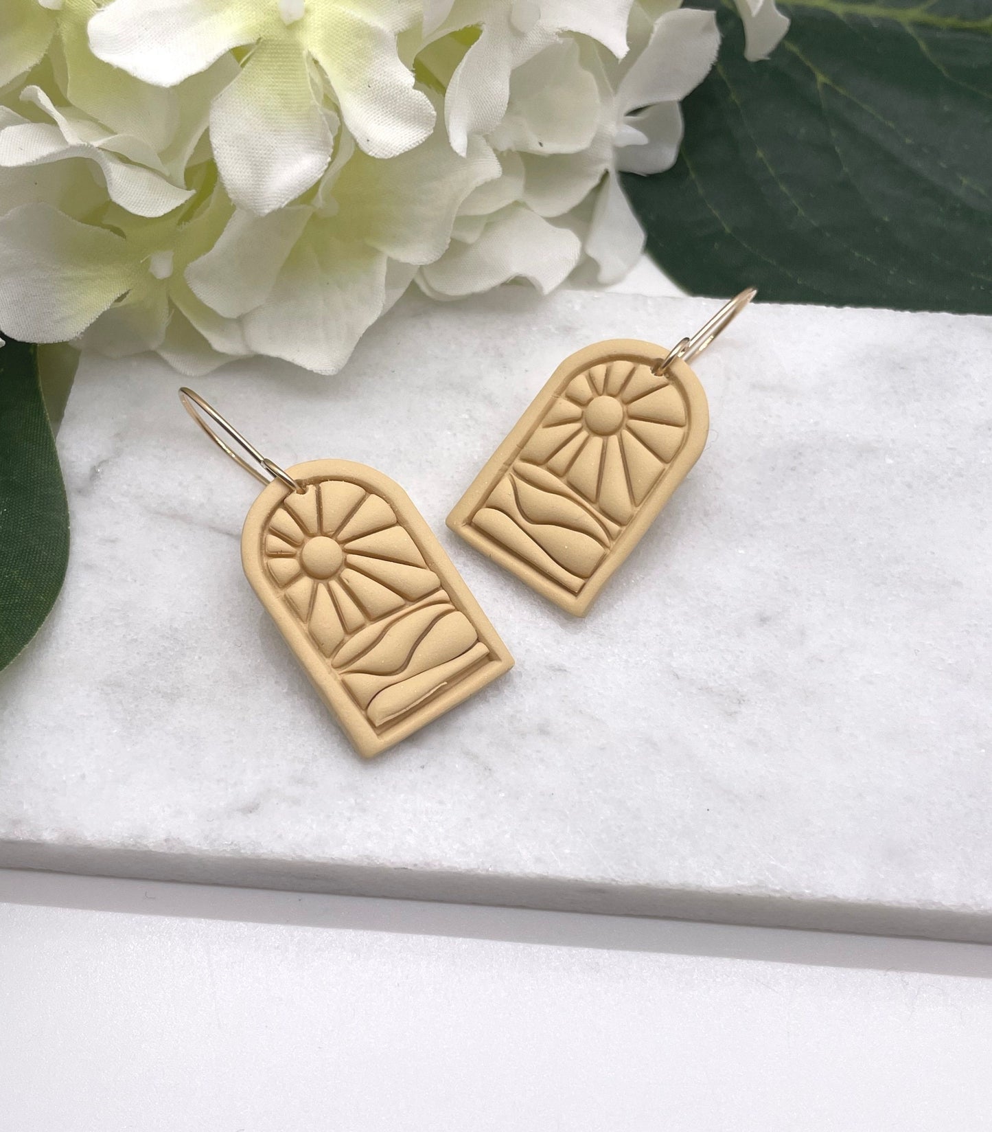 Earrings made with Sand Colored Polymer Clay Arches with a Beach Sunset Design and 14k Gold Filled Earring Wires PCE-556