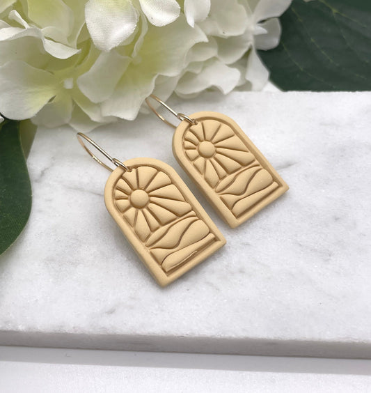 Earrings made with Sand Colored Polymer Clay Arches with a Beach Sunset Design and 14k Gold Filled Earring Wires PCE-556