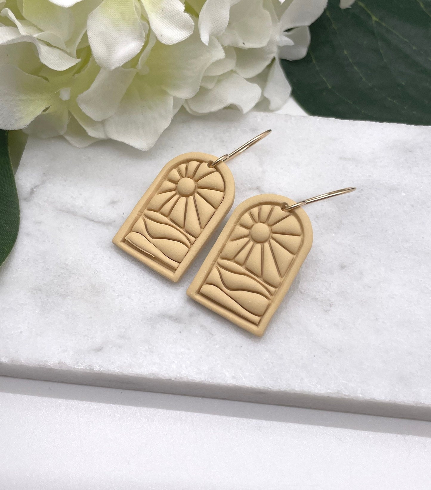 Earrings made with Sand Colored Polymer Clay Arches with a Beach Sunset Design and 14k Gold Filled Earring Wires PCE-556