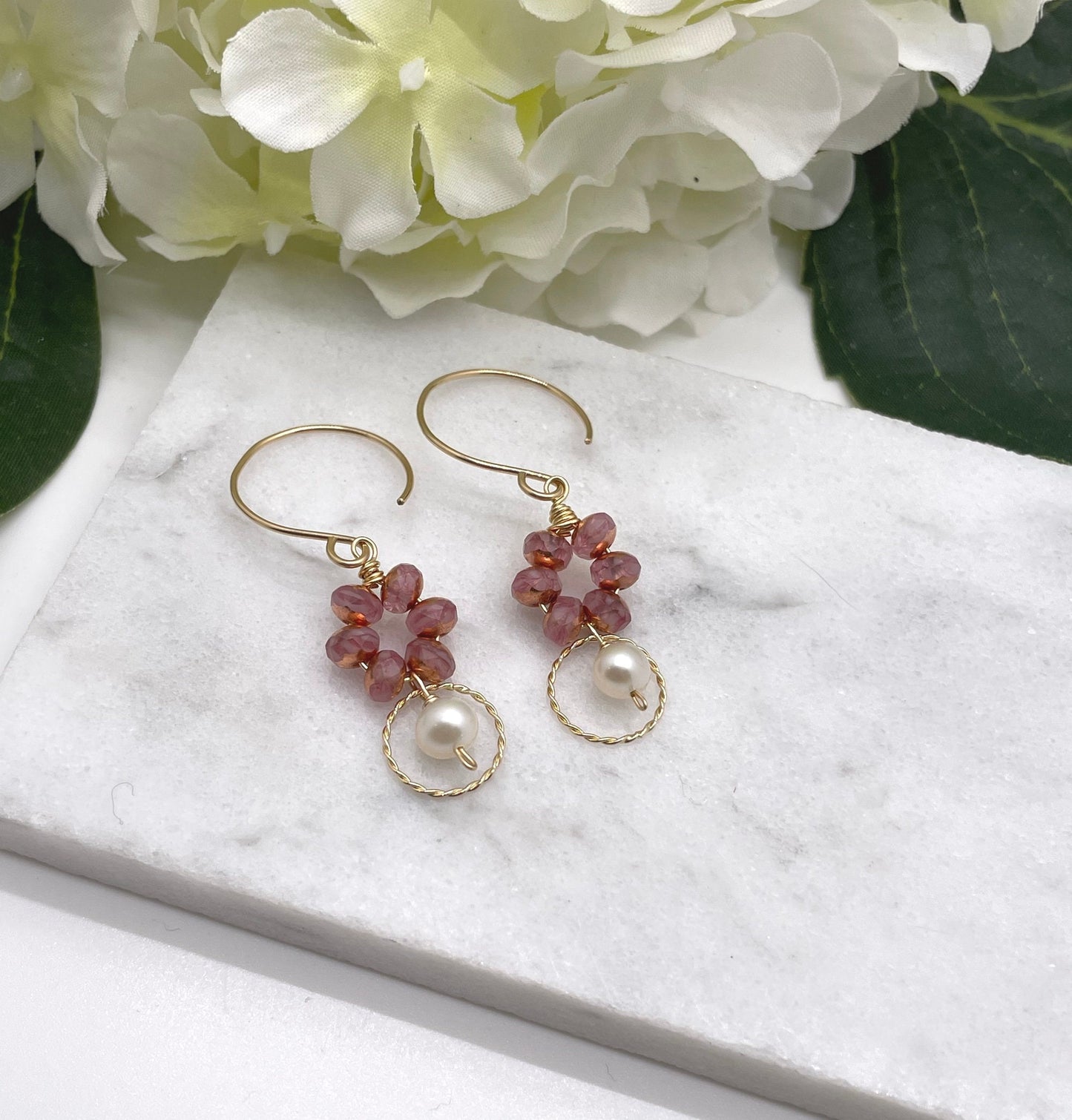 Earrings with Pink Czech Glass Beads, 14k Gold-Filled Loops,  and Pearls Wire Wrapped to 14k Gold-Filled Earring Wires GCE-40