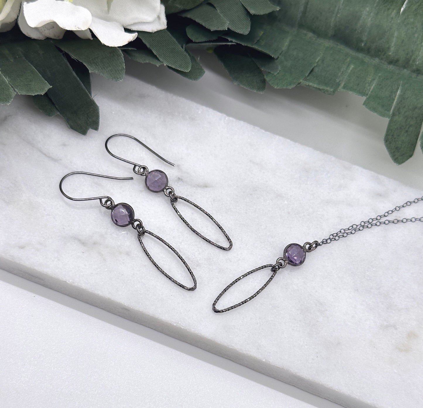 Necklace with an Oxidized, Diamond Cut Oval Loop and Bezel Amethyst on an Oxidized, Sterling Silver Cable Chain CDN-880
