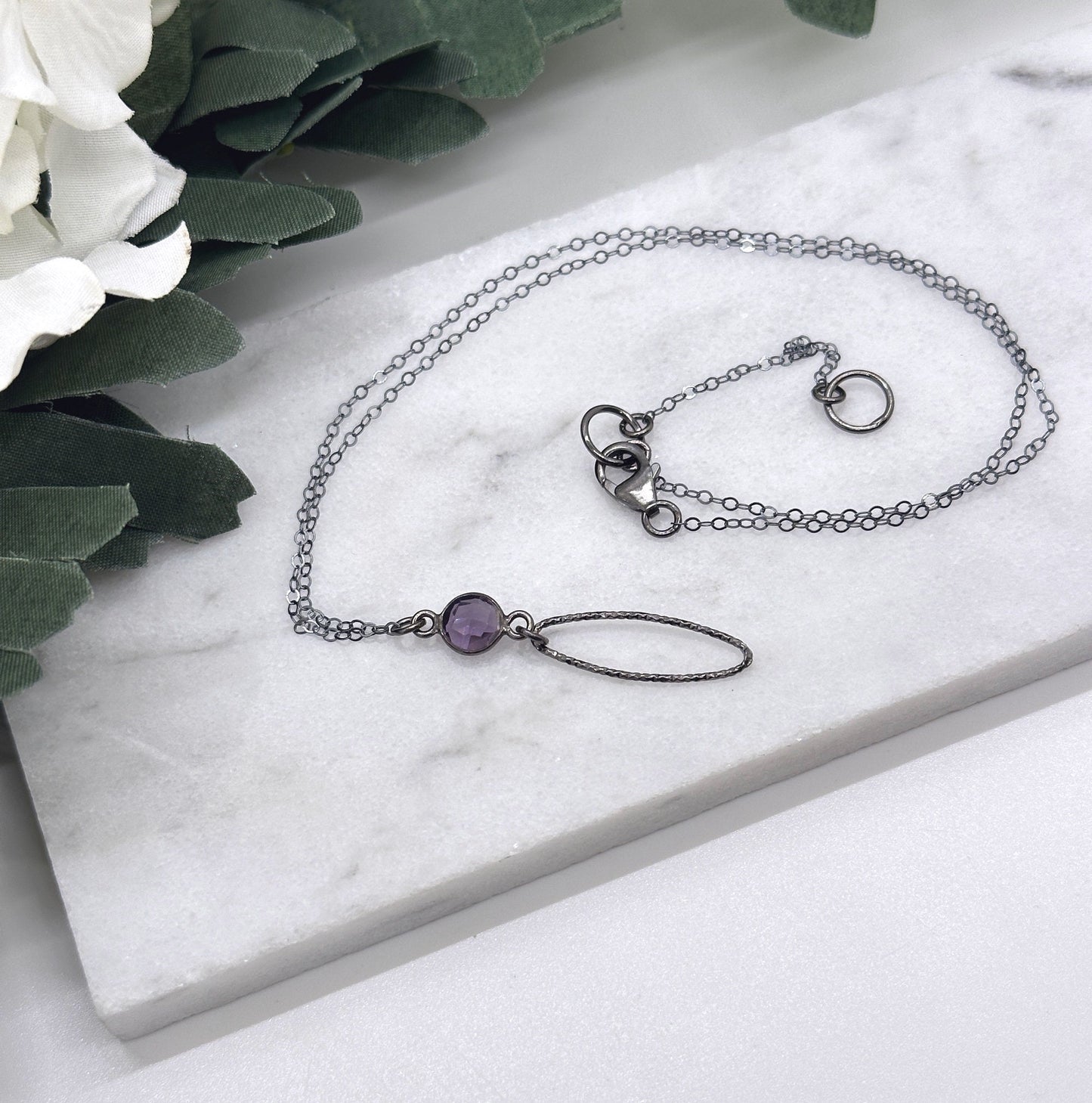 Necklace with an Oxidized, Diamond Cut Oval Loop and Bezel Amethyst on an Oxidized, Sterling Silver Cable Chain CDN-880