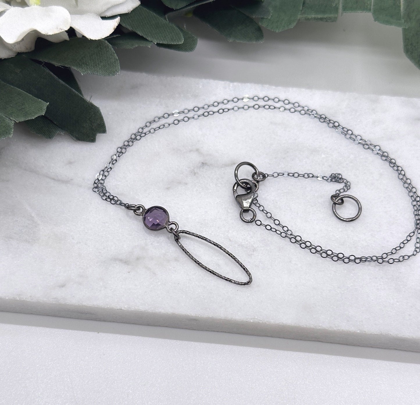 Necklace with an Oxidized, Diamond Cut Oval Loop and Bezel Amethyst on an Oxidized, Sterling Silver Cable Chain CDN-880