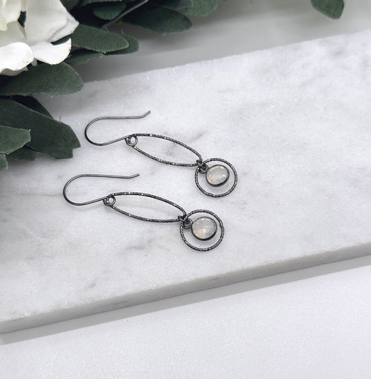Earrings Made with Oxidized, Sterling Silver Wire, Oxidzied Silver Loops and Bezel Set Chalcedony CE-292