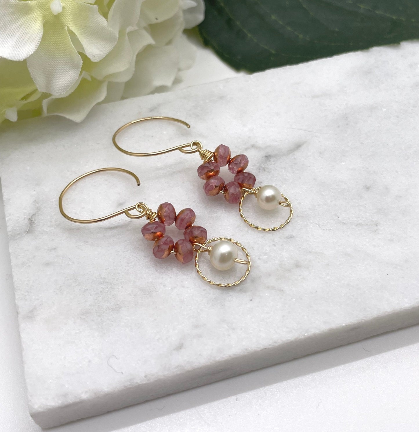 Earrings with Pink Czech Glass Beads, 14k Gold-Filled Loops,  and Pearls Wire Wrapped to 14k Gold-Filled Earring Wires GCE-40