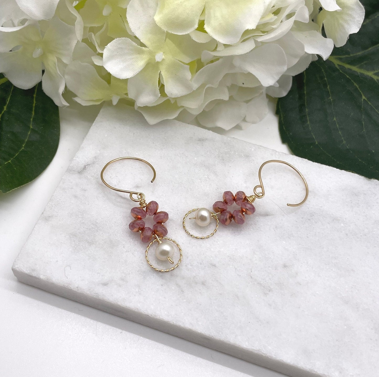 Earrings with Pink Czech Glass Beads, 14k Gold-Filled Loops,  and Pearls Wire Wrapped to 14k Gold-Filled Earring Wires GCE-40