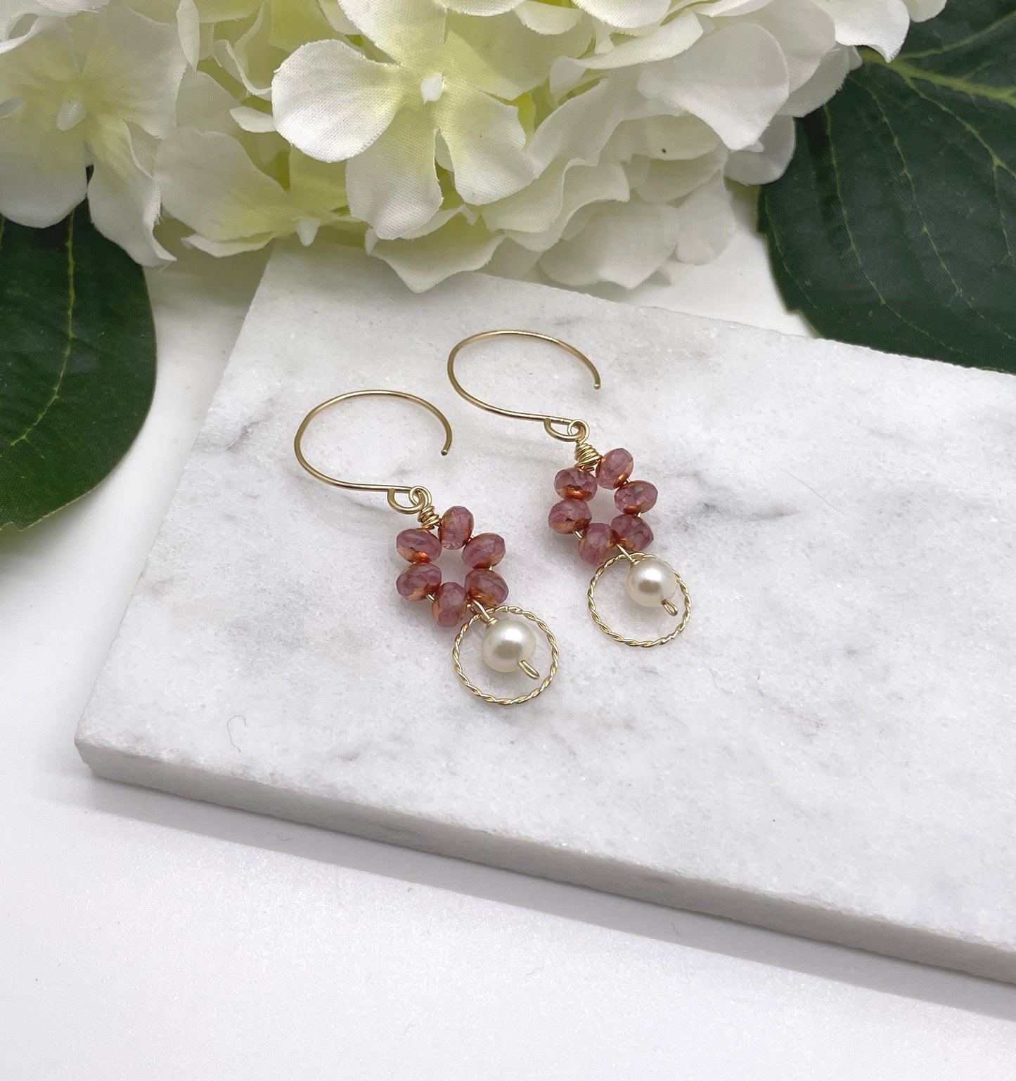 Earrings with Pink Czech Glass Beads, 14k Gold-Filled Loops,  and Pearls Wire Wrapped to 14k Gold-Filled Earring Wires GCE-40