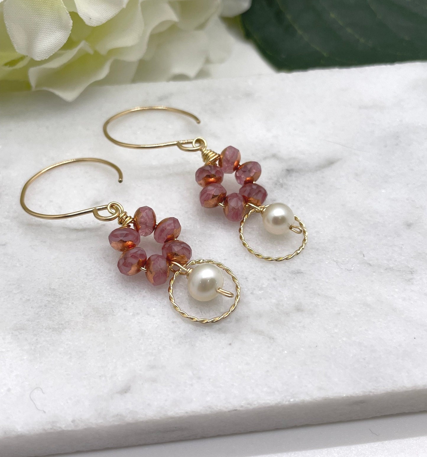 Earrings with Pink Czech Glass Beads, 14k Gold-Filled Loops,  and Pearls Wire Wrapped to 14k Gold-Filled Earring Wires GCE-40