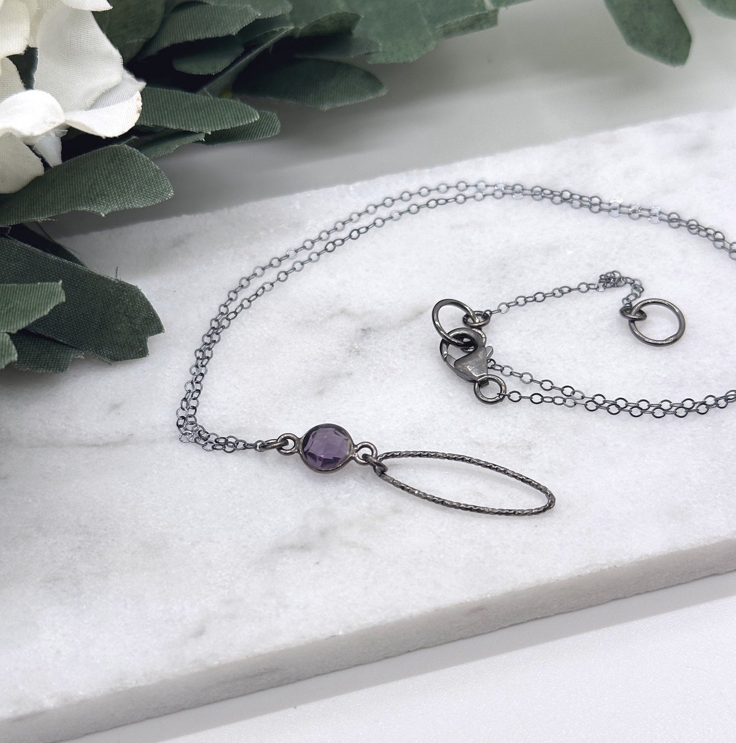 Necklace with an Oxidized, Diamond Cut Oval Loop and Bezel Amethyst on an Oxidized, Sterling Silver Cable Chain CDN-880