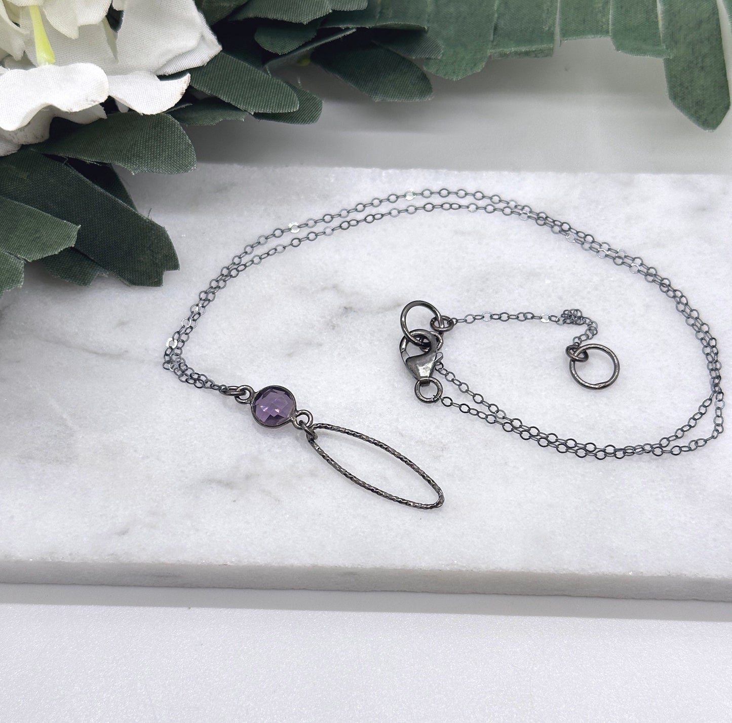 Necklace with an Oxidized, Diamond Cut Oval Loop and Bezel Amethyst on an Oxidized, Sterling Silver Cable Chain CDN-880