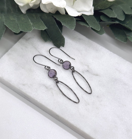Earrings Made with Oxidized, Sterling Silver Wire, Oxidzied Silver Loops and Bezel Set Amethyst CE-291