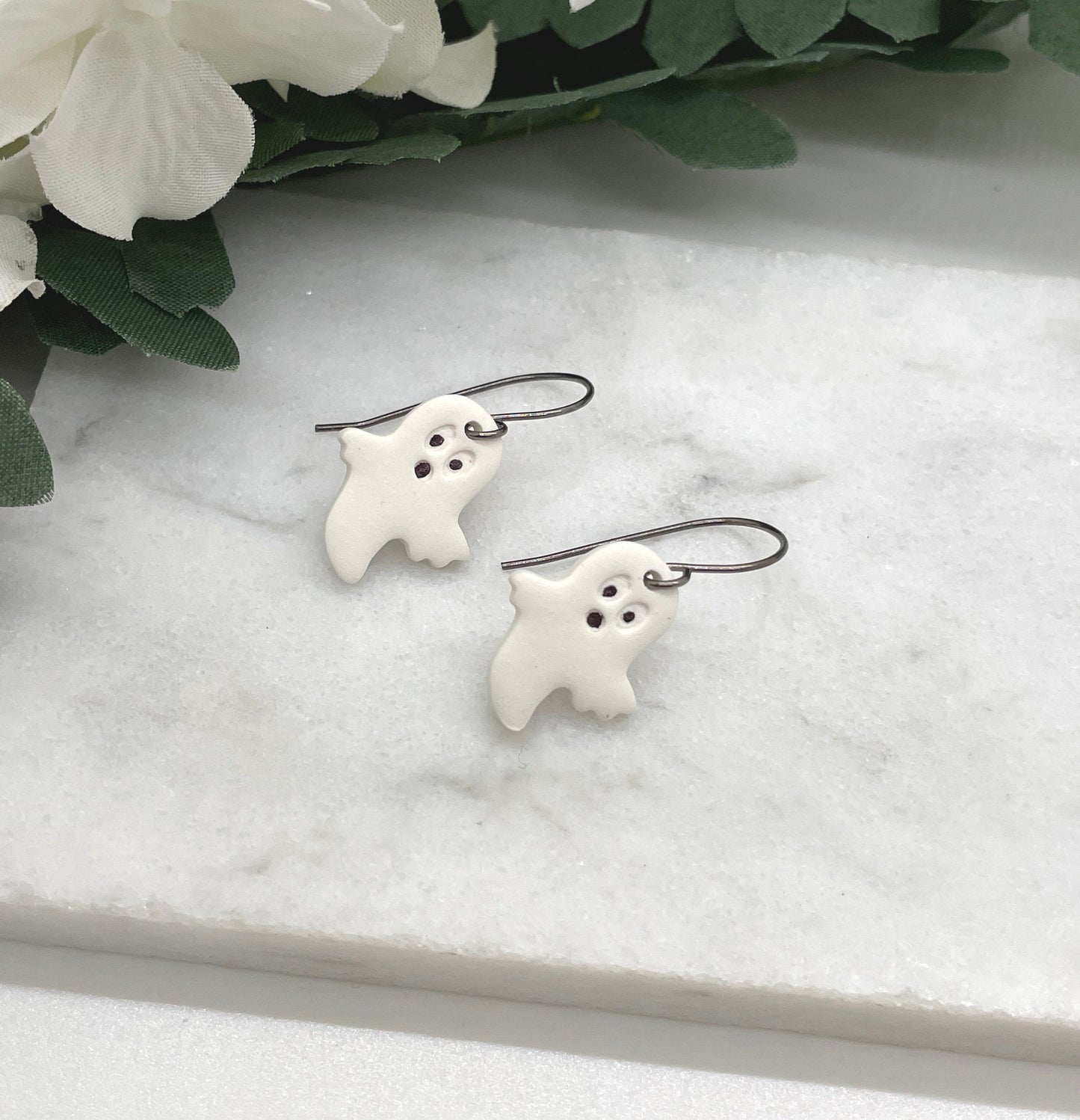 Earrings made with Tiny White Polymer Clay Ghosts on Oxidized, Sterling Silver Earring Wires PCE-570