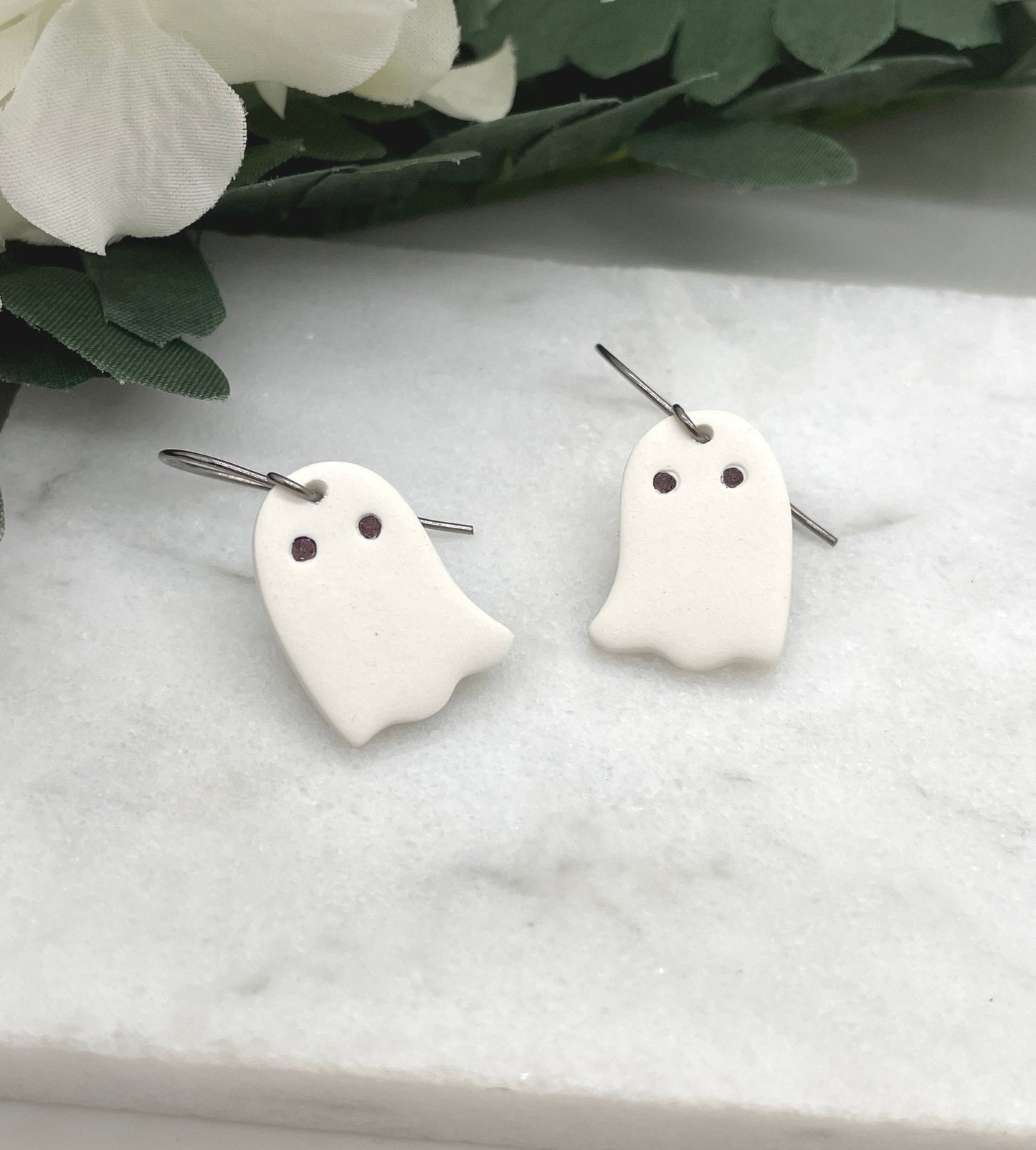 Earrings made with White Polymer Clay Ghosts on Oxidized, Sterling Silver Earring Wires PCE-571